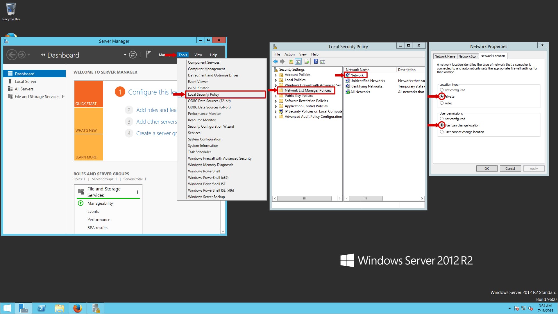 Change Network Location Windows 2012 Server R2